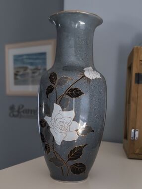 Gray Ceramic Floral Vase with Gold Trim